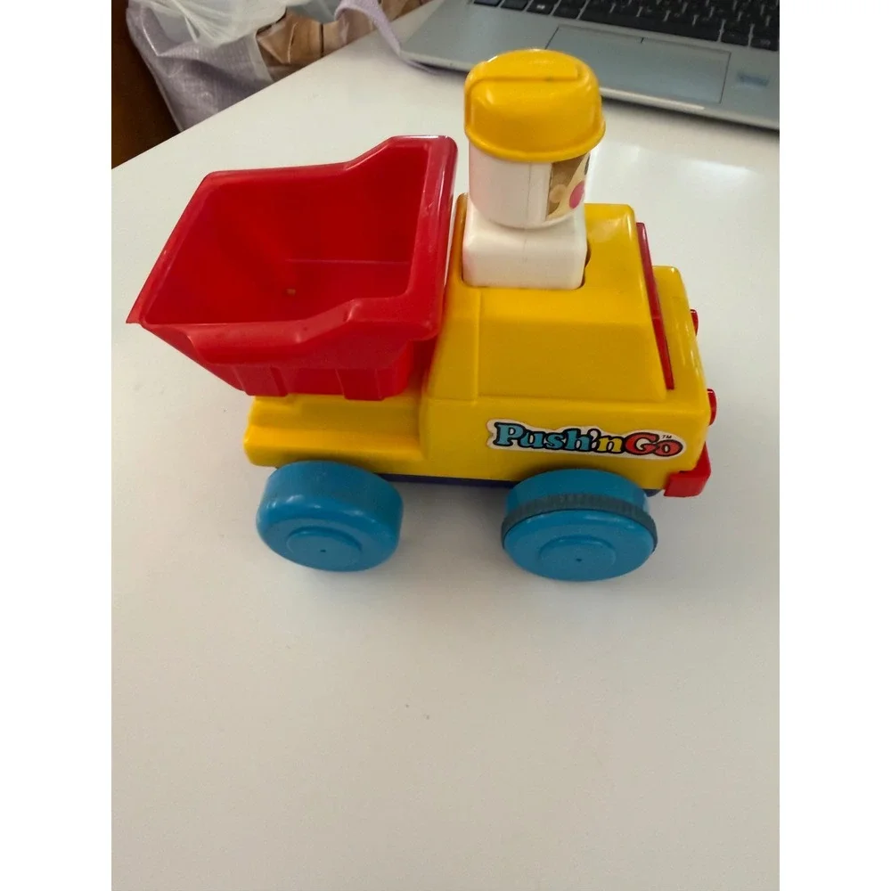 Vintage Tomy Push n Go Dump Truck Yellow Red Blue Friction Toy Construction Car